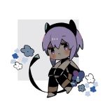  :&gt; bangs bare_shoulders black_gloves black_leotard blue_flower blush_stickers chibi dark_skin fate/prototype fate/prototype:_fragments_of_blue_and_silver fate_(series) fingerless_gloves flower futong_jun gloves hair_between_eyes hands_on_own_knees hassan_of_serenity_(fate) leggings leotard looking_at_viewer lowres no_shoes parted_lips purple_eyes purple_hair sitting solo triangle_mouth white_flower 