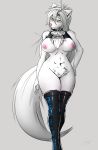 2017 anthro areola big_breasts breasts canine chest_tuft clothing collar erect_nipples female fur hair hi_res keidran legwear mammal marady nipples pink_nose pubes pussy raine_(twokinds) simple_background solo stockings thick_thighs thigh_highs tuft twokinds webcomic white_fur white_hair wolf yellow_eyes 