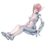  android bow_(bhp) full_body joints looking_at_viewer navel orange_eyes original red_hair robot_ears shoes short_hair sidelocks simple_background sitting sneakers solo white_background 