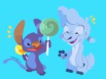  2018 2_toes 3_toes 4_fingers alien angoraram black_eyes blue_background blue_fur candy chest_tuft digital_media_(artwork) disney doubledip drowsy_(lilo_and_stitch) duo experiment_(species) eyes_closed food fur happy head_tuft holding_food holding_object lilo_and_stitch lollipop offering_food open_mouth open_smile orange_nose purple_fur purple_mouth purple_tongue signature simple_background smile standing toes tuft 