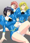  3girls 90s agent_aika aoi_azuma black_hair blonde_hair blue_delmo breasts brown_eyes brown_hair cameltoe crotch delmo dress erect_nipples erection_under_clothes large_breasts latex legs looking_at_viewer miniskirt multiple_girls open_mouth panties pantyshot pantyshot_(sitting) pixiv purple_eyes shiny short_dress short_hair simple_background skin_tight skirt smile spread_legs thighs underwear uniform white_panties yellow_eyes 