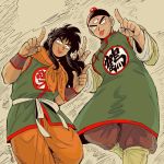  :p black_eyes black_hair chinese_clothes dragon_ball dragon_ball_(classic) fingernails grey_background hat index_finger_raised kerchief leg_up long_hair long_sleeves looking_at_viewer male_focus multiple_boys simple_background smile standing tanukichi_(spica1985) tenshinhan tongue tongue_out twitter_username wristband yamcha 