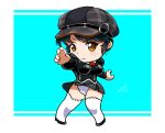  agent_aika aika_(series) arm_up bangs black_delmo black_footwear black_hair black_hat black_jacket black_skirt blush brown_eyes cabbie_hat chibi commentary cravat crotch_seam delmogeny_uniform extra eyebrows_visible_through_hair fighting_stance full_body glint hat high_heels highres jacket juliet_sleeves long_sleeves panties pantyshot pantyshot_(standing) pleated_skirt puffy_sleeves red_neckwear short_hair signature skirt solo standing thighhighs thighs turnip007 two-tone_background underwear uniform v-shaped_eyebrows wavy_mouth white_legwear white_panties wind wind_lift 