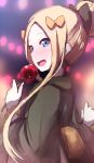 :d abigail_williams_(fate/grand_order) alternate_hairstyle bad_id bad_pixiv_id black_bow black_kimono blonde_hair blue_eyes blush bow candy_apple fate/grand_order fate_(series) food hair_bow hair_bun hair_up highres holding holding_food japanese_clothes kimono long_hair long_sleeves looking_at_viewer looking_back open_mouth orange_bow orange_scrunchie scrunchie sketch smile solo upper_teeth very_long_hair wada_kazu wide_sleeves wrist_scrunchie 