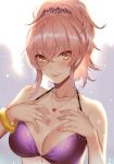  bangs blush bracelet breasts collarbone commentary_request deras eyebrows_visible_through_hair hair_between_eyes hair_ornament hair_scrunchie halter_top halterneck hand_on_own_chest idolmaster idolmaster_cinderella_girls jewelry jougasaki_mika looking_at_viewer medium_breasts multicolored_scrunchie nail_polish necklace pink_hair pink_nails ponytail purple_bikini_top scrunchie smile solo swimsuit upper_body yellow_eyes 