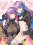  2girls armored_boots bare_shoulders belt belt_collar black_coat blue_eyes blue_ribbon boots breasts cherry_blossoms cleavage collar commentary crotch_plate fate/extra fate/extra_ccc fate_(series) flat_chest flower hair_ribbon highres huge_breasts long_hair looking_at_viewer meltlilith multiple_girls navel o-ring o-ring_top passion_lip pink_ribbon purple_eyes purple_hair revealing_clothes ribbon sleeves_past_wrists smile stomach 