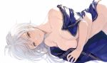  areola_slip areolae bare_shoulders breasts collarbone commentary_request granblue_fantasy highres long_hair looking_at_viewer medium_breasts sabanobori silva_(granblue_fantasy) simple_background smile solo white_background white_hair yellow_eyes 
