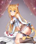  all_fours animal_ears ass bad_id bad_pixiv_id black_legwear black_skirt blonde_hair blush breasts bridal_gauntlets cat_ears cat_tail cellphone curtains dakimakura_(object) eilene elbow_gloves gloves indoors kneehighs long_hair looking_at_viewer maze_yuri medium_breasts midriff mirai_akari mirai_akari_project navel on_bed phone pillow ribbon skirt smartphone sparkle tail tail_ribbon thong tongue tongue_out very_long_hair virtual_youtuber 