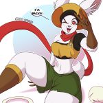  2018 anthro bare_shoulder clothed clothing dialogue digital_media_(artwork) dragon_ball dragon_ball_super english_text female hi_res lagomorph lionalliance looking_at_viewer mammal midriff navel one_eye_closed open_mouth rabbit red_eyes solo sorrel_(dragon_ball) text wink 