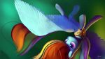  2018 absurd_res armor auroriia blue_feathers equine eyelashes falling feathered_wings feathers female feral friendship_is_magic green_background hair hi_res hooves mammal mostly_nude multicolored_hair my_little_pony night pegasus portrait purple_eyes rainbow_dash_(mlp) rainbow_hair signature simple_background sky solo spread_wings star starry_sky upside_down wings 
