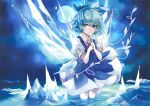  blue blue_bow blue_eyes blue_flower blue_hair bow cirno closed_mouth collared_dress commentary_request dress flower full_moon hair_bow holding holding_flower ice ice_wings looking_at_viewer moon night night_sky petals puffy_short_sleeves puffy_sleeves red_ribbon ribbon sasurai_susuki short_hair short_sleeves sky solo standing standing_on_liquid star_(sky) touhou water wind wings 