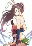  animal_ears atoatto breasts brown_eyes brown_hair bunny_ears cleavage fire_emblem fire_emblem_heroes fire_emblem_if gloves hair_over_one_eye kagerou_(fire_emblem_if) large_breasts long_hair looking_at_viewer ninja pantyhose ponytail simple_background solo weapon 