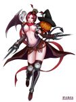  assassin_cross breasts cleavage commentary elbow_gloves gloves hat highres karia large_breasts navel ragnarok_online red_eyes red_hair scarf short_hair thighhighs weapon wings 