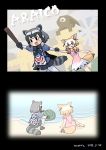  :d animal_ears arm_up bare_arms beach black_hair blonde_hair blush bow bowtie cerulean_(kemono_friends) commentary_request common_raccoon_(kemono_friends) cosplay dated dress extra_ears eyebrows_visible_through_hair fang fennec_(kemono_friends) food fox_ears fox_tail fruit fur_collar grey_hair holding holding_hands ico ico_(character) ico_(character)_(cosplay) kemono_friends korean_commentary multicolored_hair multiple_girls one-eyed open_mouth pantyhose puffy_short_sleeves puffy_sleeves pun raccoon_ears raccoon_tail roonhee short_dress short_hair short_sleeves sitting skirt smile squatting striped_tail tail title_parody walking water watermelon white_hair white_legwear windmill yorda yorda_(cosplay) 