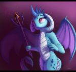  2018 4_fingers absurd_res auroriia claws crystals dragon eyelashes female friendship_is_magic hi_res holding_object horn membranous_wings my_little_pony nude portrait princess_ember_(mlp) purple_background red_eyes scalie scepter signature simple_background solo standing thick_tail three-quarter_portrait wings 