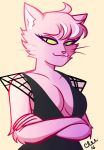  anthro bojack_horseman breasts cat cleavage cleeart clothed clothing colored_sclera crossed_arms eyebrows eyelashes feline female fur green_sclera mammal pink_fur pink_nose princess_carolyn signature simple_background solo whiskers 