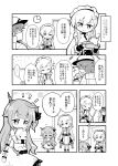  2girls azur_lane belfast_(azur_lane) braid chain clock collar comic commander_(azur_lane) eating french_braid greyscale herada_mitsuru highres indoors long_hair maid maid_headdress monochrome multiple_girls object_hug scone speech_bubble stuffed_alicorn stuffed_animal stuffed_toy teapot translated tray unicorn_(azur_lane) 