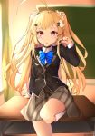  :o arm_support azur_lane bangs black_jacket blazer blonde_hair blue_neckwear blurry blurry_background blush bow bowtie brown_skirt classroom collared_shirt commentary_request curtains day depth_of_field desk earbuds earphones earphones_removed eldridge_(azur_lane) eyebrows_visible_through_hair facial_mark highres holding indoors jacket kano_(kanokano44) kneehighs long_hair long_sleeves looking_at_viewer on_desk parted_lips red_eyes school_desk school_uniform shirt skirt solo striped striped_neckwear sunlight two_side_up very_long_hair white_legwear white_shirt window 