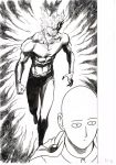  abs absurdres aura bald blank_eyes cape clenched_hand closed_mouth garou_(one-punch_man) greyscale hair_slicked_back highres long_sleeves male_focus monochrome multiple_boys murata_yuusuke official_art one-punch_man page_number saitama_(one-punch_man) scan standing traditional_media unfinished veins walking work_in_progress 