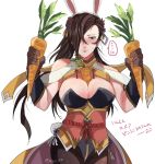  animal_ears black_hair blush breasts brown_eyes brown_hair bunny_ears bunnysuit carrot cleavage cosplay embarrassed fire_emblem fire_emblem_heroes fire_emblem_if gloves hair_over_one_eye holding holding_vegetable kagerou_(fire_emblem_if) large_breasts looking_at_viewer rem_sora410 simple_background solo white_background 