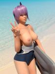  1girl 3d areolae ayane_(doa) beach breasts dead_or_alive female headband looking_at_viewer nipples ocean one-piece_swimsuit purple_hair radianteld red_eyes solo standing swimsuit thighs topless 