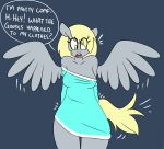  2015 anthro anthrofied blonde_hair clothing derpy_hooves_(mlp) dialogue dress english_text equine feathered_wings feathers female friendship_is_magic fur grey_feathers grey_fur hair hugtastic_pinkie_pie mammal my_little_pony pegasus solo somescrub speech_bubble text wide_hips wings yellow_eyes 