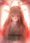  1girl brown_hair deer furry japanese_clothes long_hair niwaniwatori red_eyes smile solo 