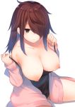  black_swimsuit breasts brown_hair commentary_request green_eyes hands_up highres huge_breasts long_sleeves looking_at_viewer nipples one-piece_swimsuit original simple_background sitting solo swimsuit tsunekichi white_background 