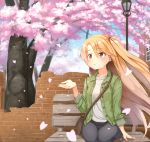  ame. arm_support azur_lane bag bangs bench black_jeans black_pants blue_sky blush breasts brick_wall broken_wall building cherry_blossoms cleveland_(azur_lane) cloud commentary day denim eyebrows_visible_through_hair green_jacket hair_between_eyes hand_up jacket jeans lamppost light_brown_hair long_hair long_sleeves looking_away on_bench one_side_up open_clothes open_jacket outdoors pants parted_lips red_eyes shirt shoulder_bag sitting sky sleeves_folded_up small_breasts solo tree very_long_hair white_shirt window 