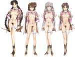  4girls barefoot_sandals barubaresu_no_musume belly_chain blue_eyes bottomless bow_(weapon) breastless_clothes breasts brown_eyes brown_hair cape censored character_request full_body groin hand_on_hip headband jewelry large_breasts legs looking_at_viewer medium_breasts multiple_girls ponytail pubic_hair pussy short_hair smile toeless_legwear uncensored urushihara_satoshi weapon white_hair 