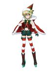  absurdres akatsuki_kirika artist_request bell black_footwear blonde_hair bow christmas full_body fur_trim gloves green_gloves green_shorts hand_on_hip highres looking_at_viewer navel official_art platform_boots senki_zesshou_symphogear senki_zesshou_symphogear_xd_unlimited short_hair short_shorts shorts simple_background solo striped striped_legwear suspenders white_background 