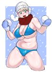  :3 aqua_eyes belly bikini blonde_hair blue_bikini breasts breath cleavage cropped_legs elf-san_wa_yaserarenai. erufuda-san eyebrows_visible_through_hair fang highres huge_breasts looking_at_viewer mittens navel open_mouth plump pointy_ears shiny shiny_skin short_hair smile snow snowball solo swimsuit synecdoche thick_thighs thighs w_arms 
