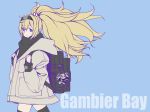  alternate_costume backpack bag black_bag black_hairband black_legwear blonde_hair blue_background blue_eyes coat escort_water_hime flat_color gambier_bay_(kantai_collection) hair_between_eyes hairband kantai_collection kurou_(bcrow) long_hair shinkaisei-kan side_ponytail solo thighhighs white_coat 