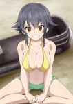  bangs bare_shoulders beach bikini_top black_hair blush braid breasts brown_eyes cleavage collarbone commentary eyebrows_visible_through_hair girls_und_panzer green_shorts grin hair_between_eyes halter_top halterneck indian_style inflatable_toy inoshira large_breasts looking_at_viewer navel pepperoni_(girls_und_panzer) shiny shiny_hair shiny_skin short_braid short_hair short_shorts shorts side_braid sitting smile solo thighs twitter_username yellow_bikini_top 