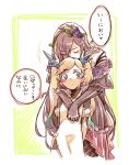  age_difference arms_behind_back blonde_hair blue_eyes brown_hair closed_eyes elbow_gloves flower gloves granblue_fantasy green_hair hair_flower hair_ornament hug hug_from_behind io_euclase long_hair multicolored_hair multiple_girls purple_flower purple_rose rose rosetta_(granblue_fantasy) takishima_asaka thought_bubble translated twintails very_long_hair yuri 