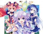  absurdres alyn_(fairy_fencer_f) bare_shoulders blush bow breasts d-pad d-pad_hair_ornament detached_sleeves fairy_fencer_f frills hair_ornament hairband highres lolita_fashion lolita_hairband long_hair looking_at_viewer multiple_girls neptune_(choujigen_game_neptune) neptune_(series) non-web_source official_art open_mouth pipin_(fairy_fencer_f) purple_eyes purple_hair red_eyes red_hair ribbon short_hair skirt small_breasts smile thighhighs tiara_(fairy_fencer_f) tsunako twintails white_hair 