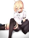  ahoge artoria_pendragon_(all) bangs bike_shorts black_jacket black_legwear black_shorts blush braid breasts commentary eyebrows_visible_through_hair fate/grand_order fate_(series) food french_braid glasses gym_shirt hair_between_eyes hair_bun highres jacket kano_(kanokano44) knee_up looking_to_the_side medium_breasts mouth_hold mysterious_heroine_x_(alter) name_tag off_shoulder open_clothes open_jacket pocky red-framed_eyewear semi-rimless_eyewear shirt shorts simple_background sitting solo t-shirt thighhighs thighs under-rim_eyewear white_background white_shirt yellow_eyes 