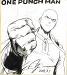  absurdres bald bodysuit cape clenched_hand closed_mouth dated foreshortening from_below frown gloves greyscale highres male_focus monochrome murata_yuusuke official_art one-punch_man photo saitama_(one-punch_man) serious shikishi signature solo superhero traditional_media upper_body 