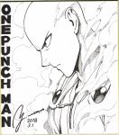  absurdres bald cape closed_mouth copyright_name dated from_side frown greyscale highres male_focus monochrome murata_yuusuke official_art one-punch_man photo profile saitama_(one-punch_man) serious shikishi signature solo superhero traditional_media upper_body 