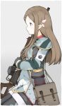  armband braid brown_hair commentary_request from_side gloves gun highres holding holding_weapon linnkou long_hair looking_to_the_side niege_lepreton pouch purple_eyes senjou_no_valkyria senjou_no_valkyria_4 sidelocks sitting solo weapon 
