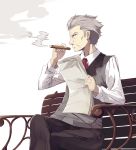  bench cigar grey_hair highres holding holding_cigar l_(princess_principal) male_focus newspaper normaland princess_principal short_hair sitting smoke 