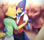  anthro aoiuchuu avian beak bird blue_eyes blue_feathers blush bow_tie canine clothed clothing dancing duo eyes_closed falco_lombardi feathers fox fox_mccloud fully_clothed hand_holding hand_on_hip looking_away male male/male mammal nintendo romantic_couple simple_background star_fox vest video_games 