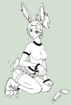  2010 7-car-pileup animal_humanoid breasts carrot clothed clothing confusion ear_piercing female food grey_background hair humanoid kneeling lagomorph mammal monochrome navel open_mouth pants piercing ponytail rabbit shirt short_hair simple_background solo torn_clothing transformation vegetable 