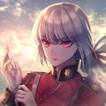  adjusting_clothes bangs blunt_bangs braid breasts eyebrows_visible_through_hair fate/grand_order fate_(series) florence_nightingale_(fate/grand_order) gloves image_sample lips long_hair long_sleeves moe_(hamhamham) pink_hair pixiv_sample red_eyes solo white_gloves 