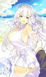  ahoge ass azur_lane bangs beach black_jacket blue_eyes bouquet breasts cleavage cleavage_cutout cloud cloudy_sky commentary cowboy_shot detached_collar dress elbow_gloves eyebrows_visible_through_hair flower from_side garter_straps gloves holding_hands illustrious_(azur_lane) jacket large_breasts long_hair looking_at_viewer low_twintails mole mole_under_eye open_mouth out_of_frame outdoors pov pov_hands shimeji_(4_me_ji) short_dress sky sleeveless sleeveless_dress solo_focus standing standing_on_one_leg strapless strapless_dress thighhighs thighs tongue tri_tails tuxedo twintails veil wedding_dress white_dress white_gloves white_hair white_legwear 