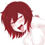  1girl ahegao artist_name blush breasts collarbone cslucaris eyebrows eyebrows_visible_through_hair eyelashes hair_between_eyes half-closed_eyes looking_at_viewer medium_breasts naughty_face open_mouth red_hair ruby_rose rwby saliva short_hair simple_background solo spot_color sweat sweatdrop tears teeth tongue tongue_out white_background 