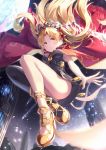  ass blonde_hair cape ereshkigal_(fate/grand_order) fate/grand_order fate_(series) from_below hair_ornament highres holding holding_sword holding_weapon hon_(neo2462) long_hair looking_at_viewer moon night red_cape red_eyes red_ribbon ribbon single_thighhigh solo sword thighhighs tiara weapon 