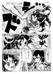  comic commentary greyscale hair_ribbon highres japanese_clothes kaga_(kantai_collection) kantai_collection katsuragi_(kantai_collection) long_hair marvel midriff monochrome multiple_girls parody ponytail ribbon sayonara444 side_ponytail translated 