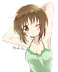  armpits arms_behind_head bangs breasts brown_eyes brown_hair camisole cleavage closed_mouth colored_pencil_(medium) commentary eyebrows_visible_through_hair girls_und_panzer green_shirt highres leaning_to_the_side light_frown looking_at_viewer medium_breasts nishizumi_miho no_bra one_eye_closed parda_siko print_shirt shirt short_hair simple_background solo standing traditional_media twitter_username upper_body white_background 