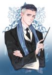  black_hair blue_eyes fantastic_beasts_and_where_to_find_them male_focus multicolored_hair necktie percival_graves scarf solo two-tone_hair wand white_hair zigi 
